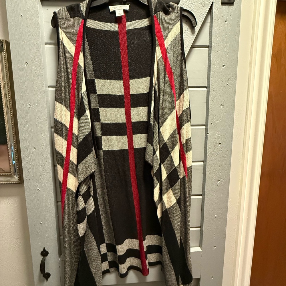 Christopher & Banks Black, White, Red Checkered Cardigan